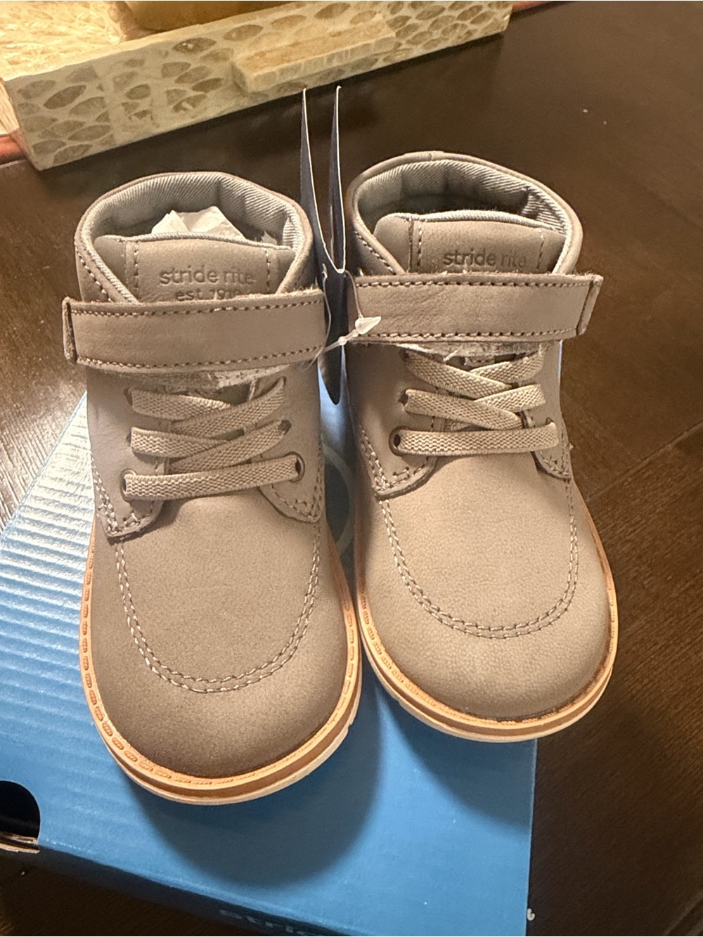Stride Rite Taupe Kids High-Top Boots with Hook-and-Loop Strap